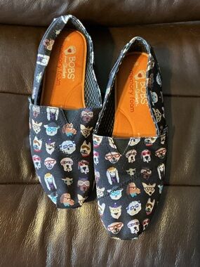 BOBS from Skechers Women’s Black Slip-On Flats with Multicolor Dog Face Print